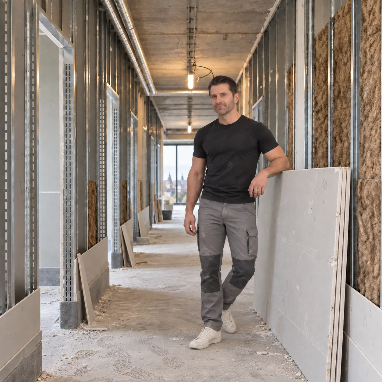 Innenausbau mit Natursteinwand, abgehängter Decke und integrierter Beleuchtung